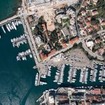 Aerial view of Zadar Harbour with the old town peninsula, waterfront and surroundings